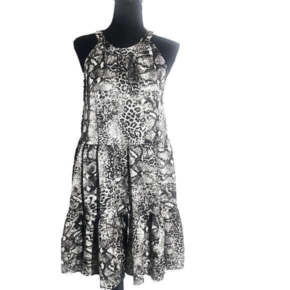 Hayden Los Angeles High Neck Animal Print Trapeze Tiered Midi Dress Breezy Flowy - Picture 3 of 4